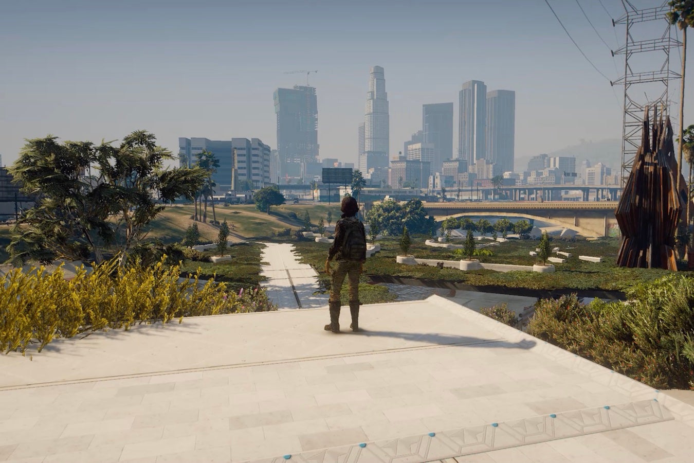 “Grand Theft Eco” character overlooking Los Angeles
