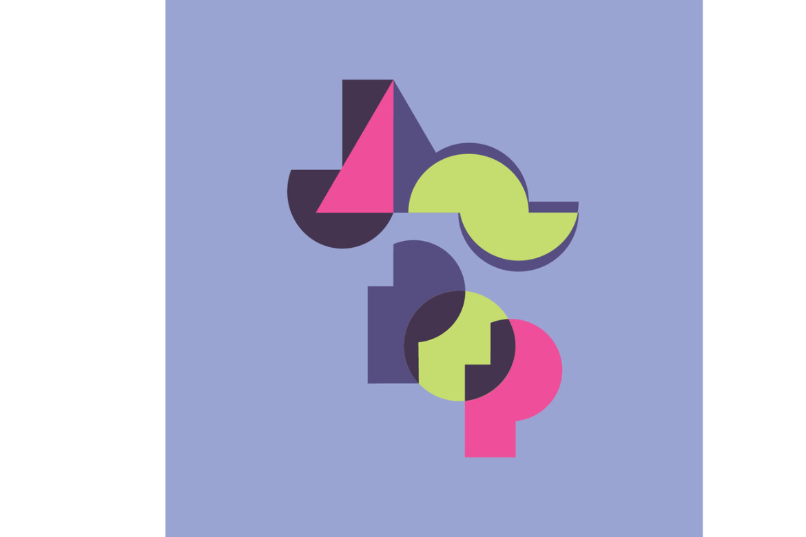 Abstract geometric shapes in bright pink, green, and purple on a lavender background, representing UCLA Hammer Museum's JazzPop 2025.