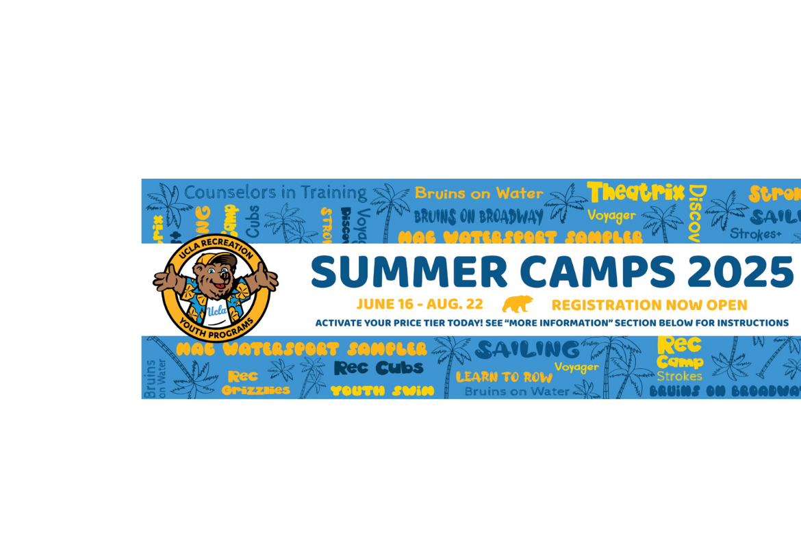 A promotional banner for UCLA Recreation Youth Programs' Summer Camps 2025 features bold text announcing the dates June 16 – Aug. 22, with registration now open. The background includes the program logo, a cartoon bear in a UCLA Hawaiian shirt, and colorful camp names like “Sailing,” “Youth Swim,” and “Bruins on Broadway” scattered among palm tree illustrations.