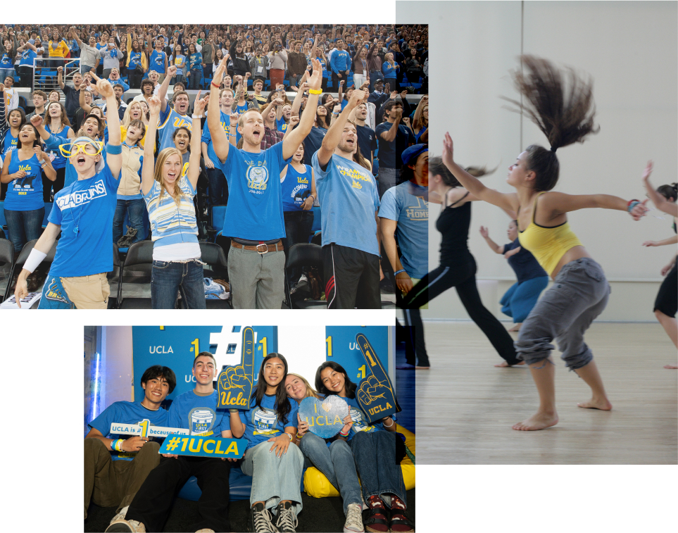 Collage of Crowd cheering, female dancing, and a group of people enjoying their time