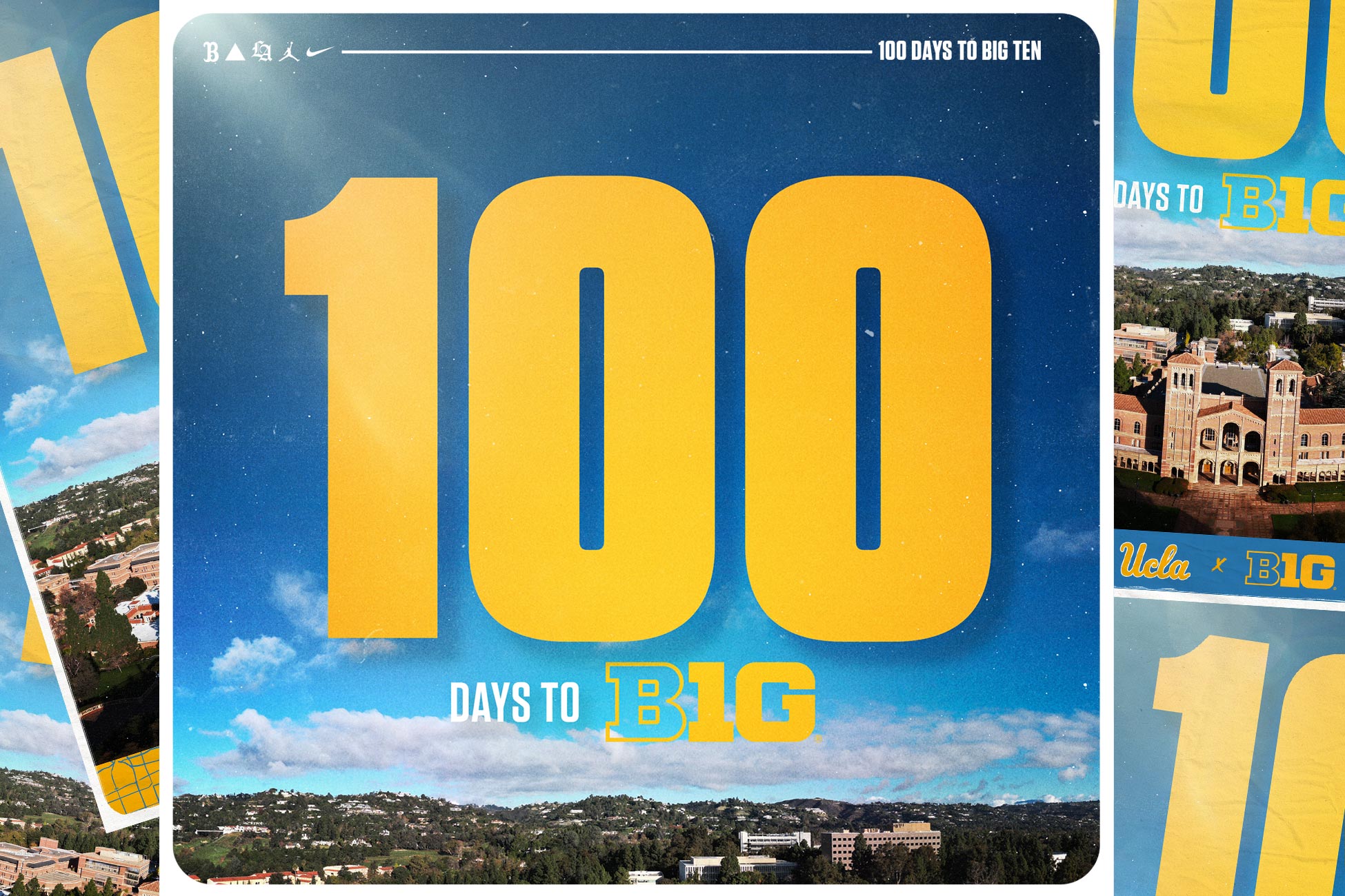 Graphic image of UCLA&#039;s campus with a blue sky and text overlay that reads &quot;100 Days to B1G&quot;