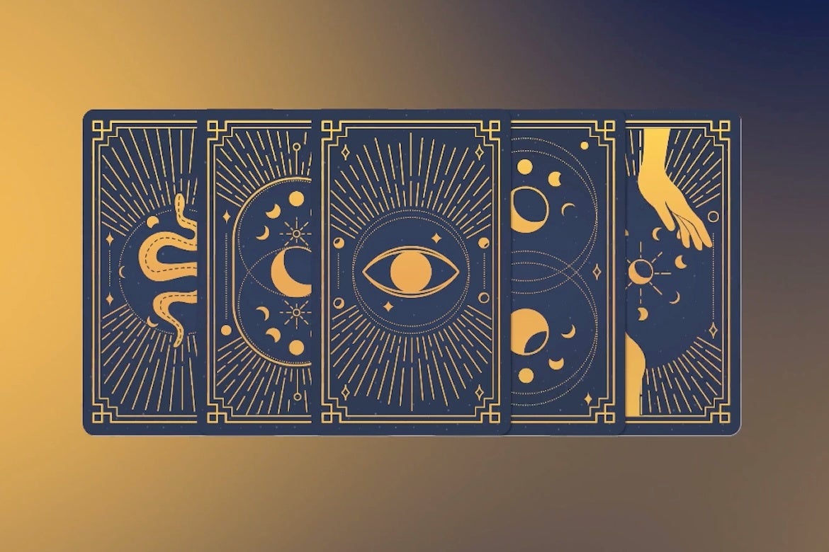 Five blue and gold tarot cards lined up next to each other
