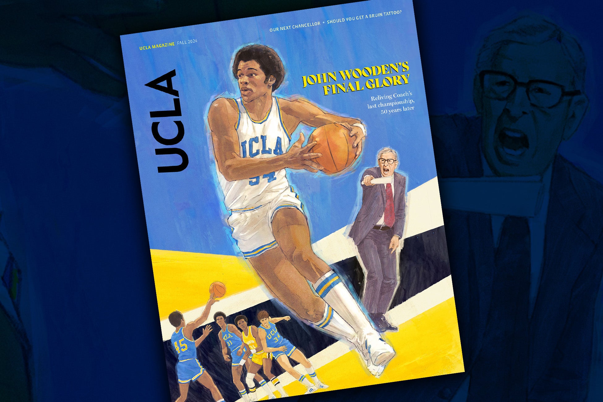 Cover of UCLA Magazine’s 2024 fall print edition, featuring a painting of UCLA basketball players