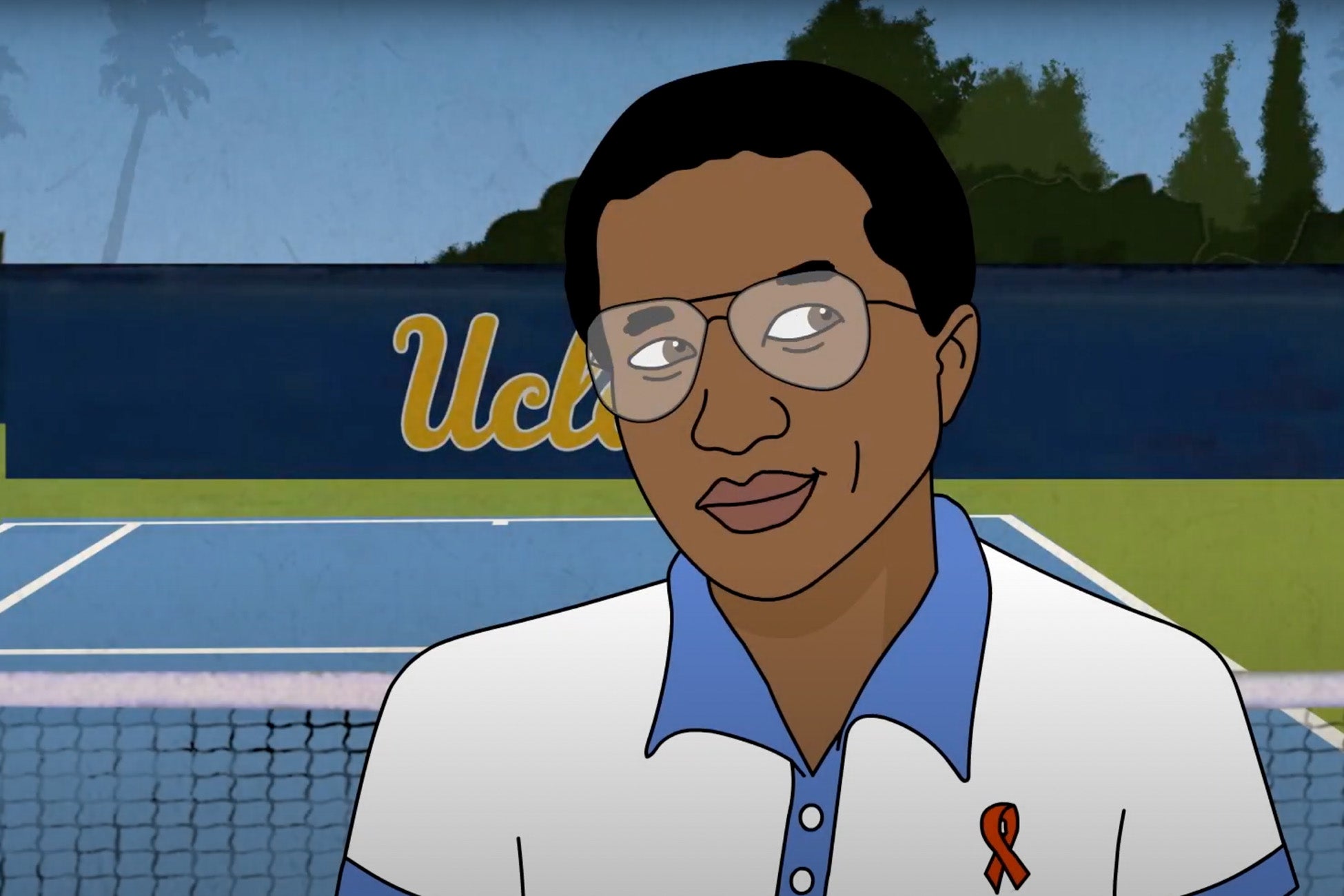  Cartoon character with glasses, on a tennis court, with UCLA bruins banner in the background.