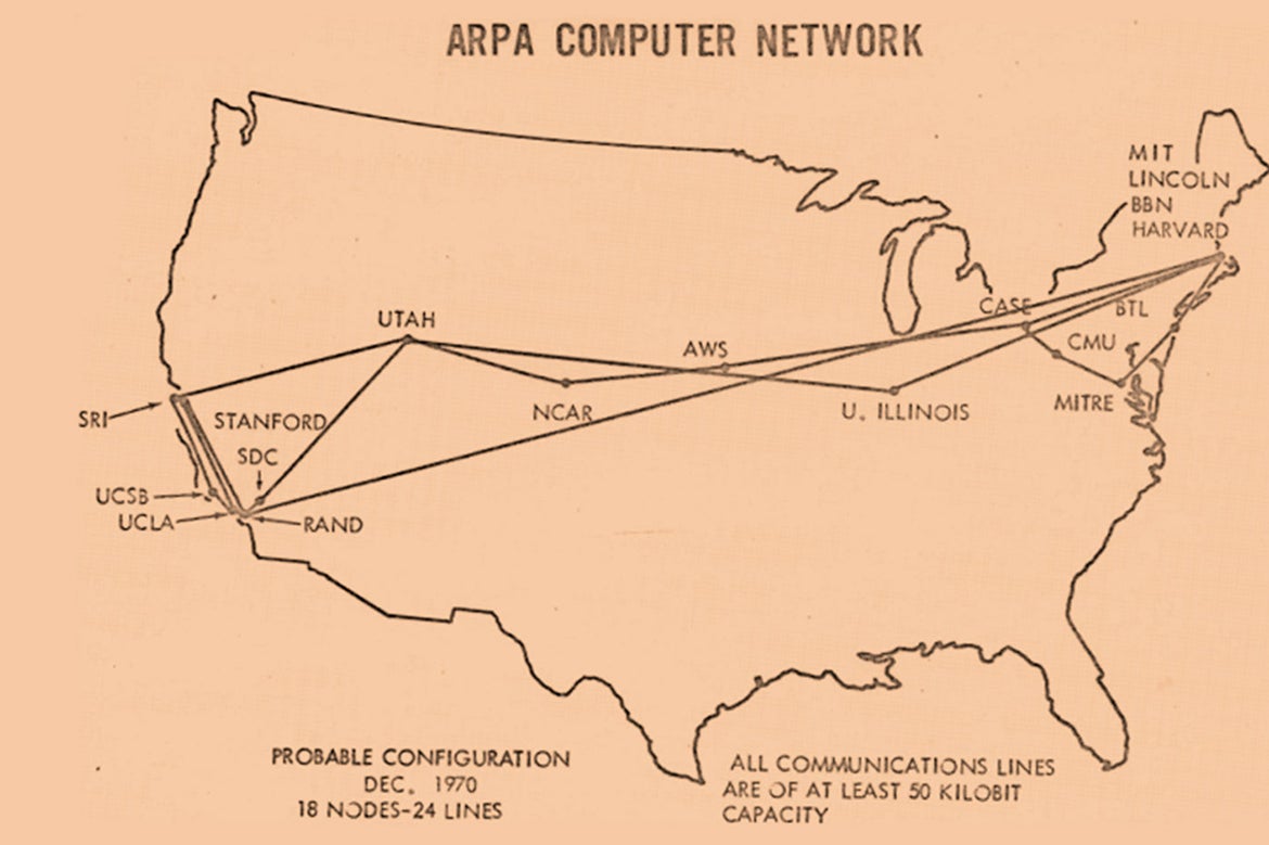 A map of the United States overlaid with a visual representation of a computer network connecting various locations.