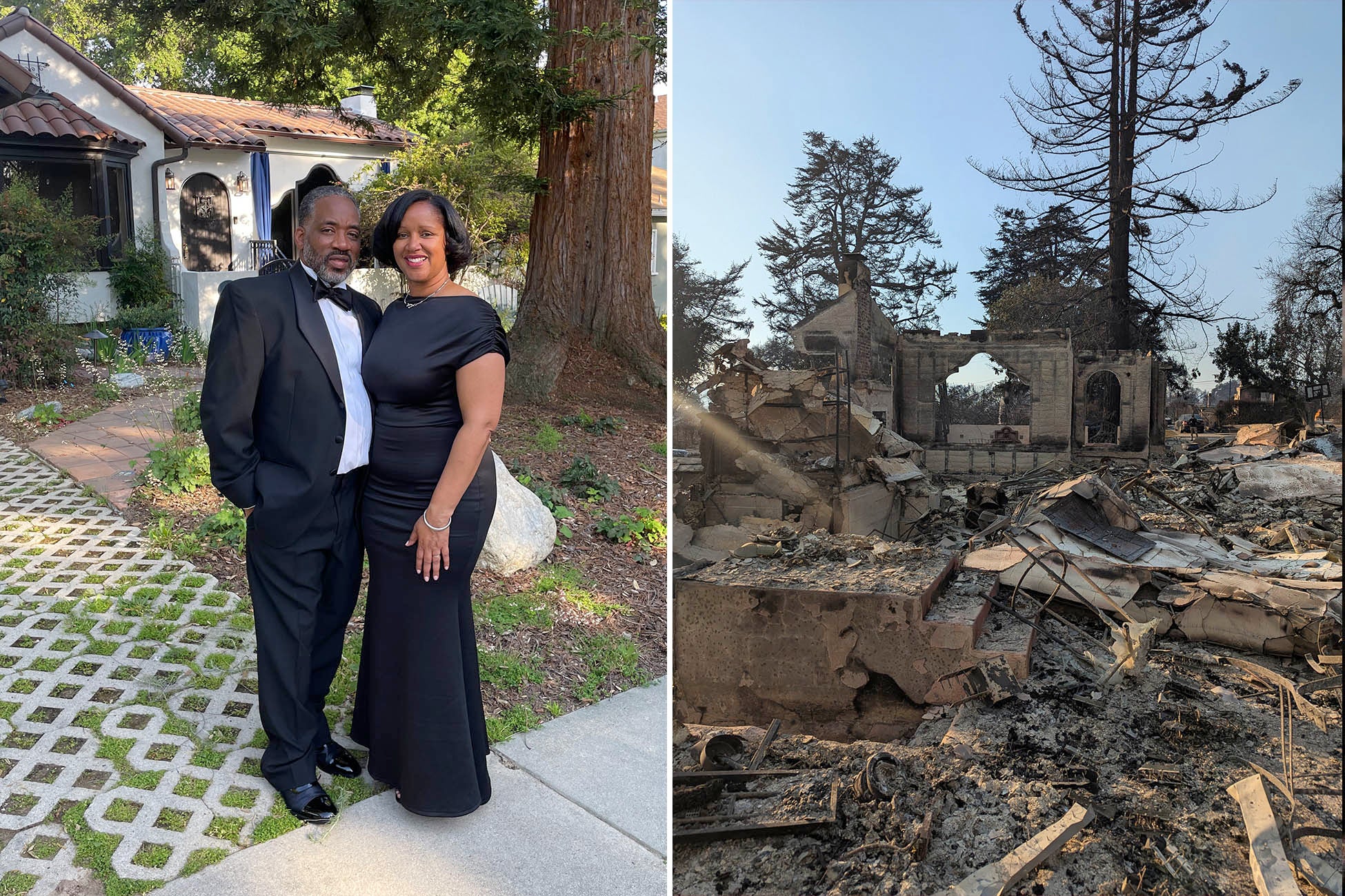 Side-by-side images show a couple dressed formally in front of their home, contrasted with the same property reduced to fire-damaged ruins after a wildfire.