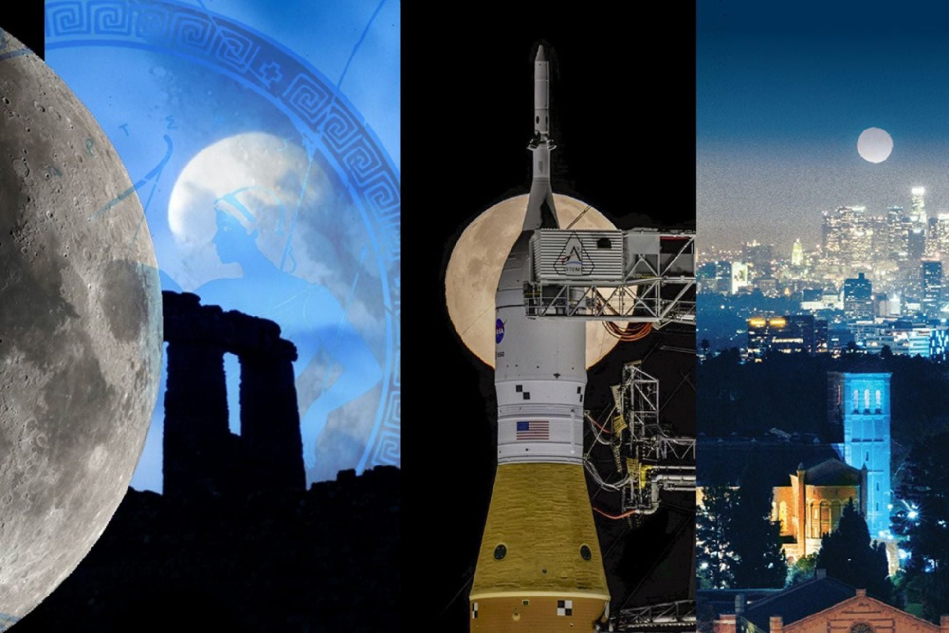 Four images featuring the moon, a rocket, and a city skyline at night. 