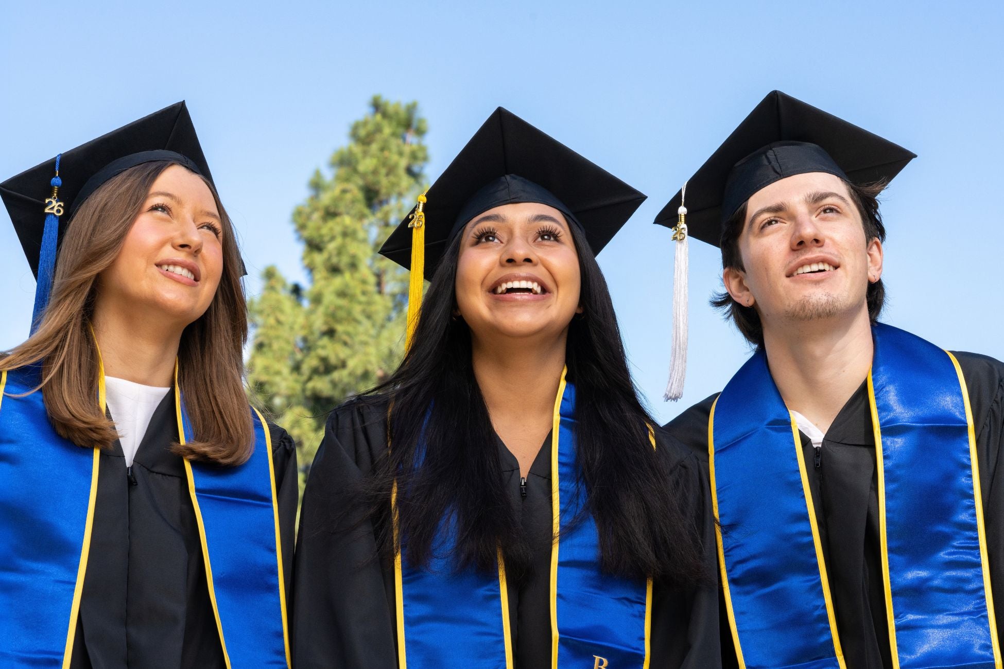 Three graduates wearing black gowns, caps, and blue stoles, smile and look upwards.