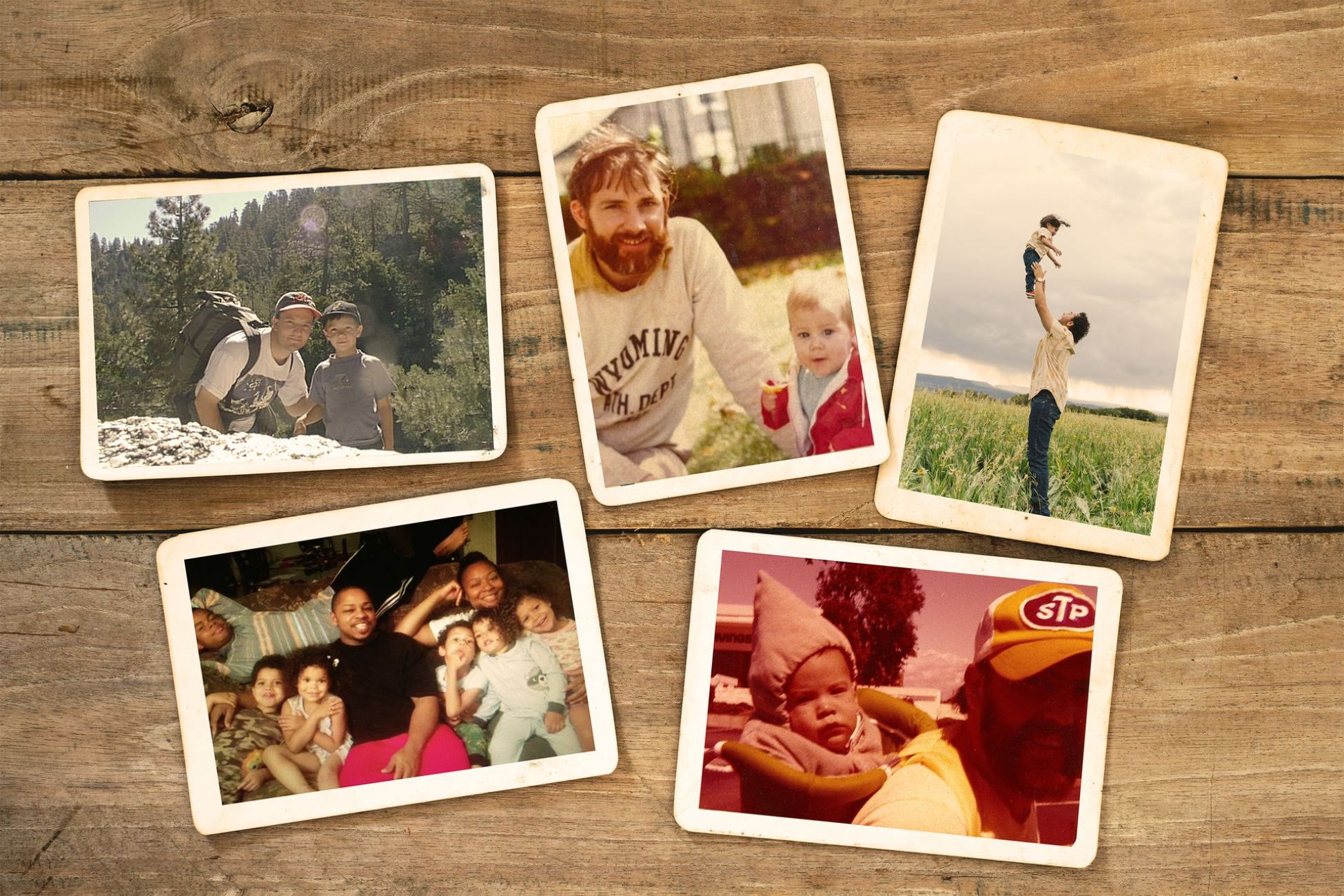  A collection of 5 photographs displayed on a wooden table, showcasing various scenes and moments of father's with their children.