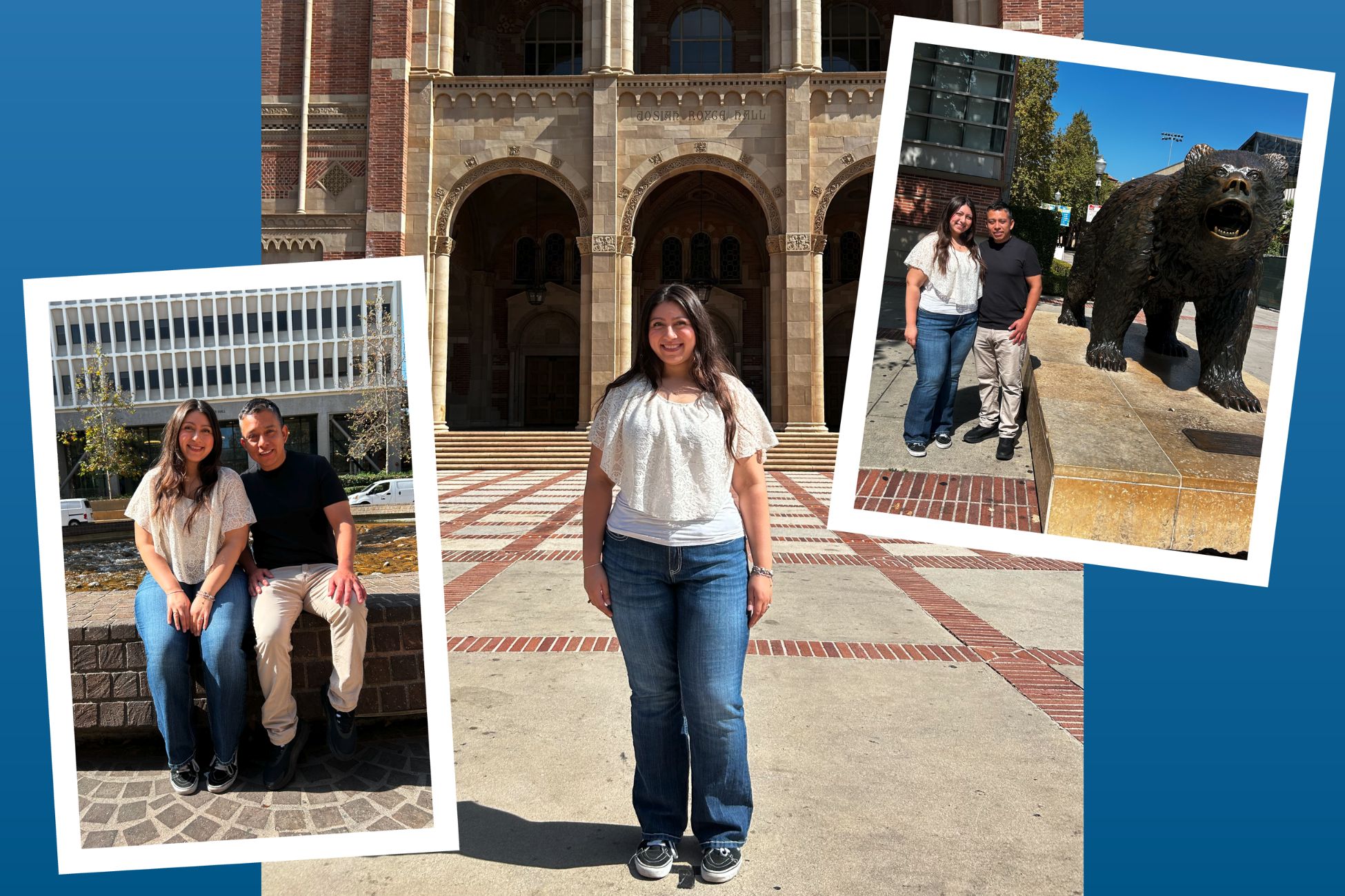 A photo collage of a woman posing on a UCLA campus, with two smaller photos showing her with a man and posing beside the UCLA Bruin Bear statue.