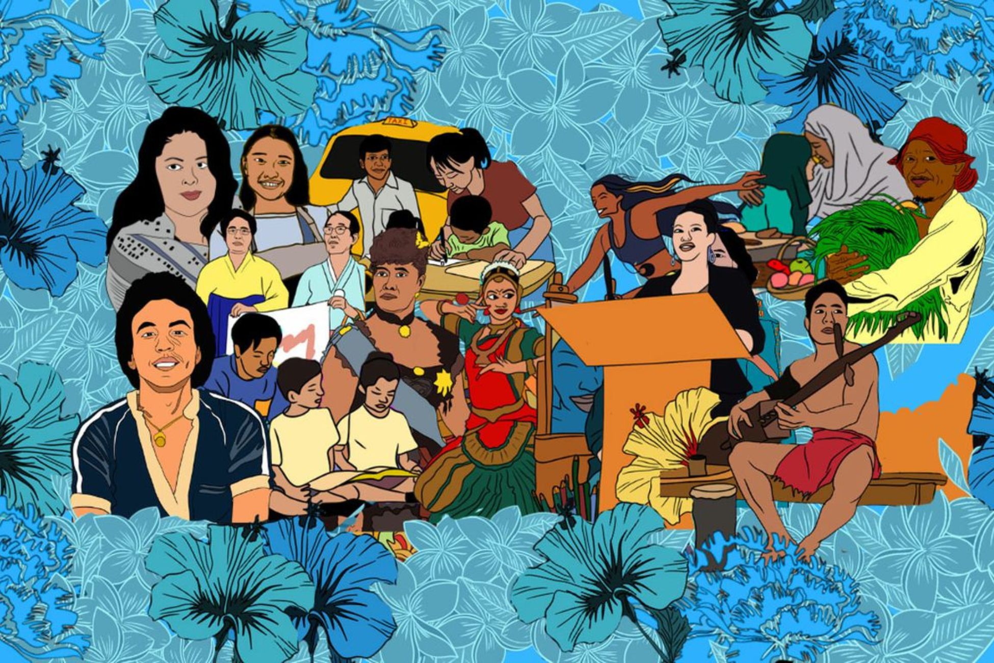 Illustrated collage of diverse individuals engaged in various activities, set against a vibrant floral background