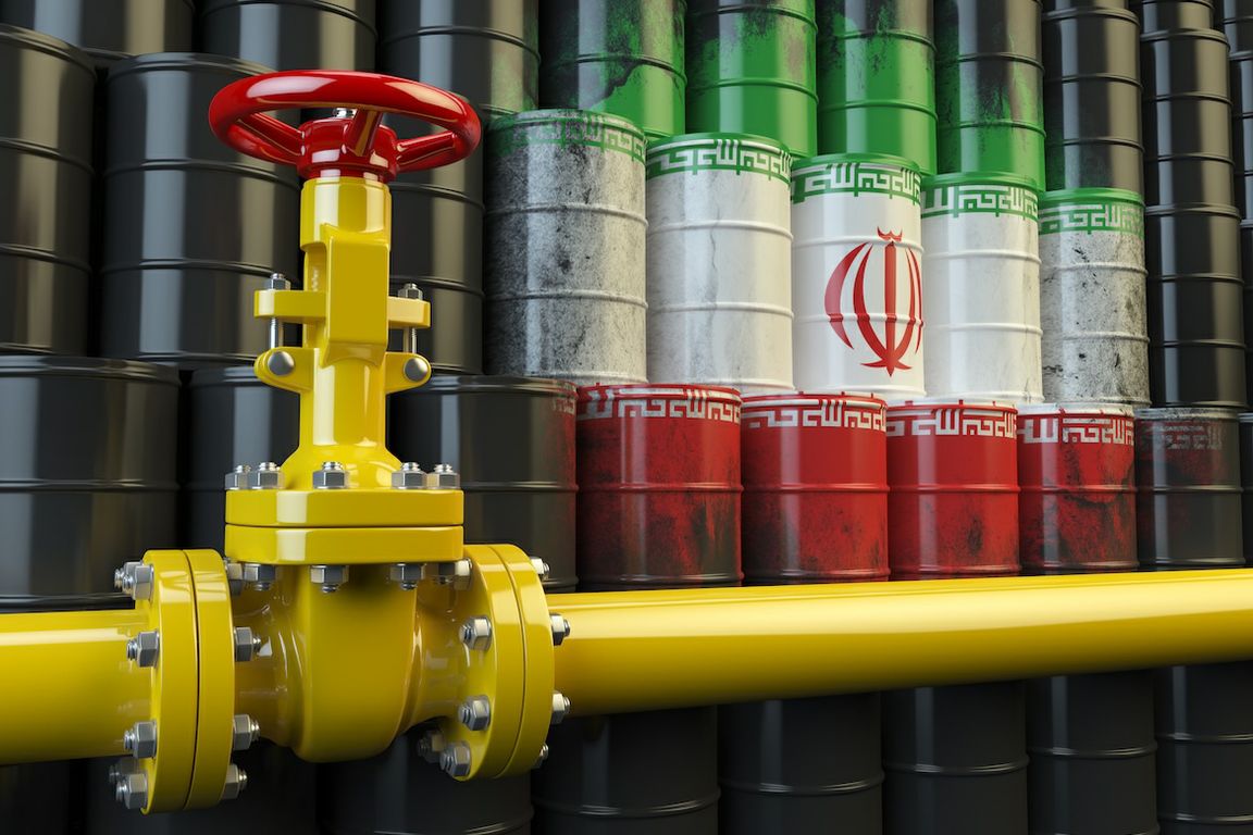 Oil pipe line valve in front of the Iranian-marked oil barrels. Iranian gas and oil fuel energy concept; 3D illustration