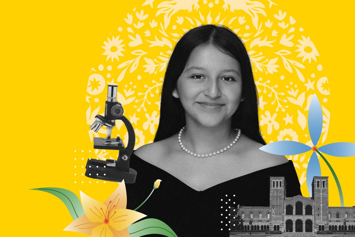 Alison Jimenez surrounded by illustrations of flowers, a microscope and Royce Hall against a bright yellow background.