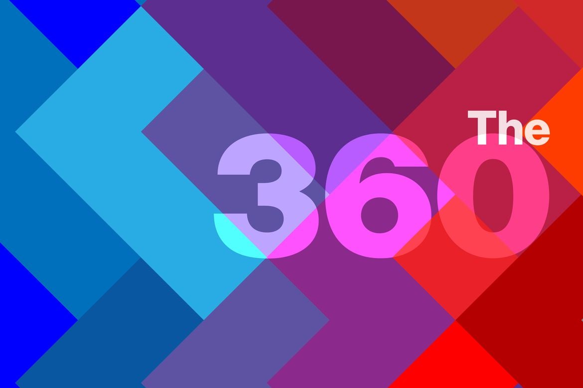 Graphic logo reading 'The 360' in large white and pink text, set against an abstract geometric background of overlapping diamond shapes in shades of blue, purple and red.