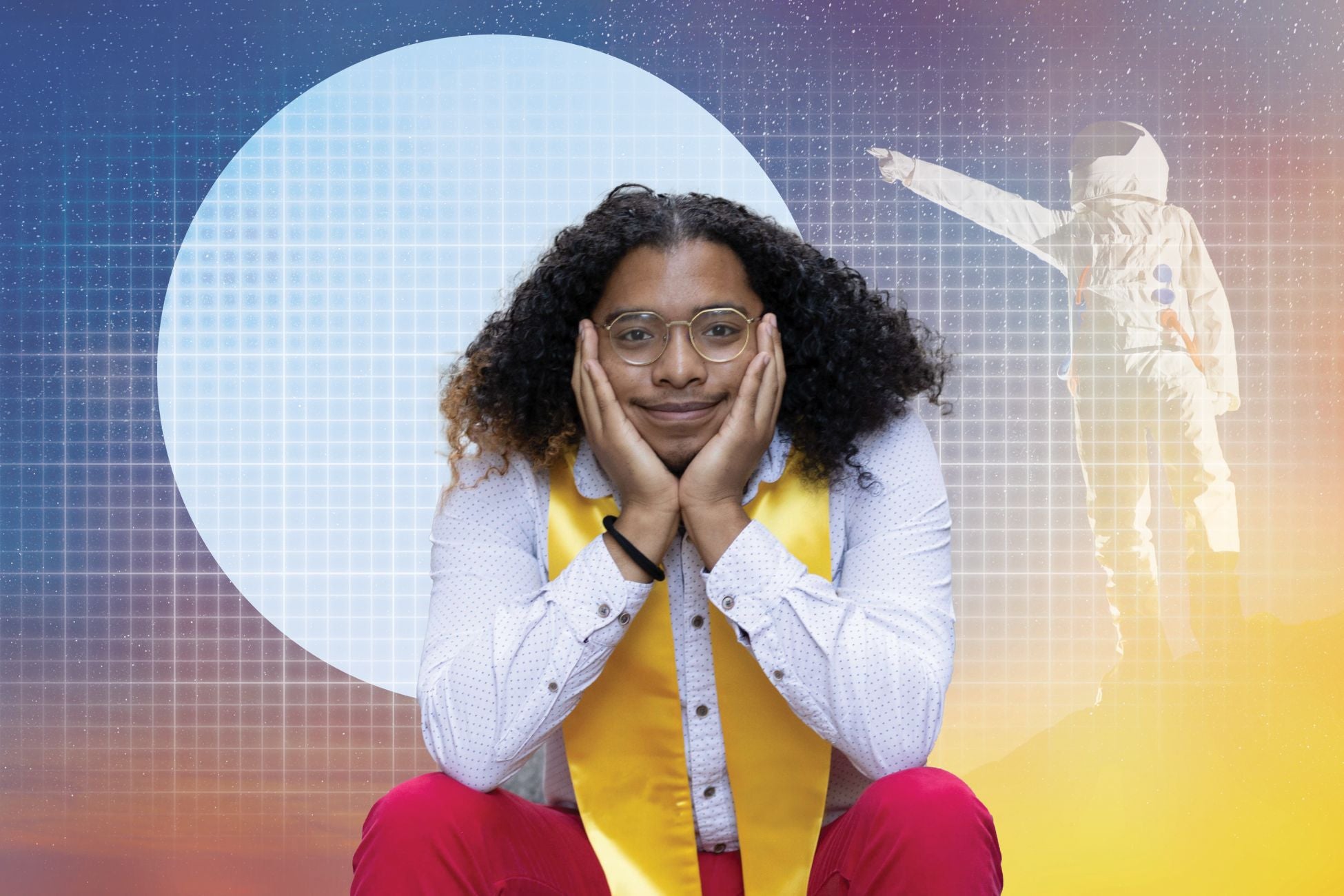 In a yellow sash and red pants, graduating UCLA master&#039;s student Brandon Lazard smiles against a composite of an astronaut and a moon