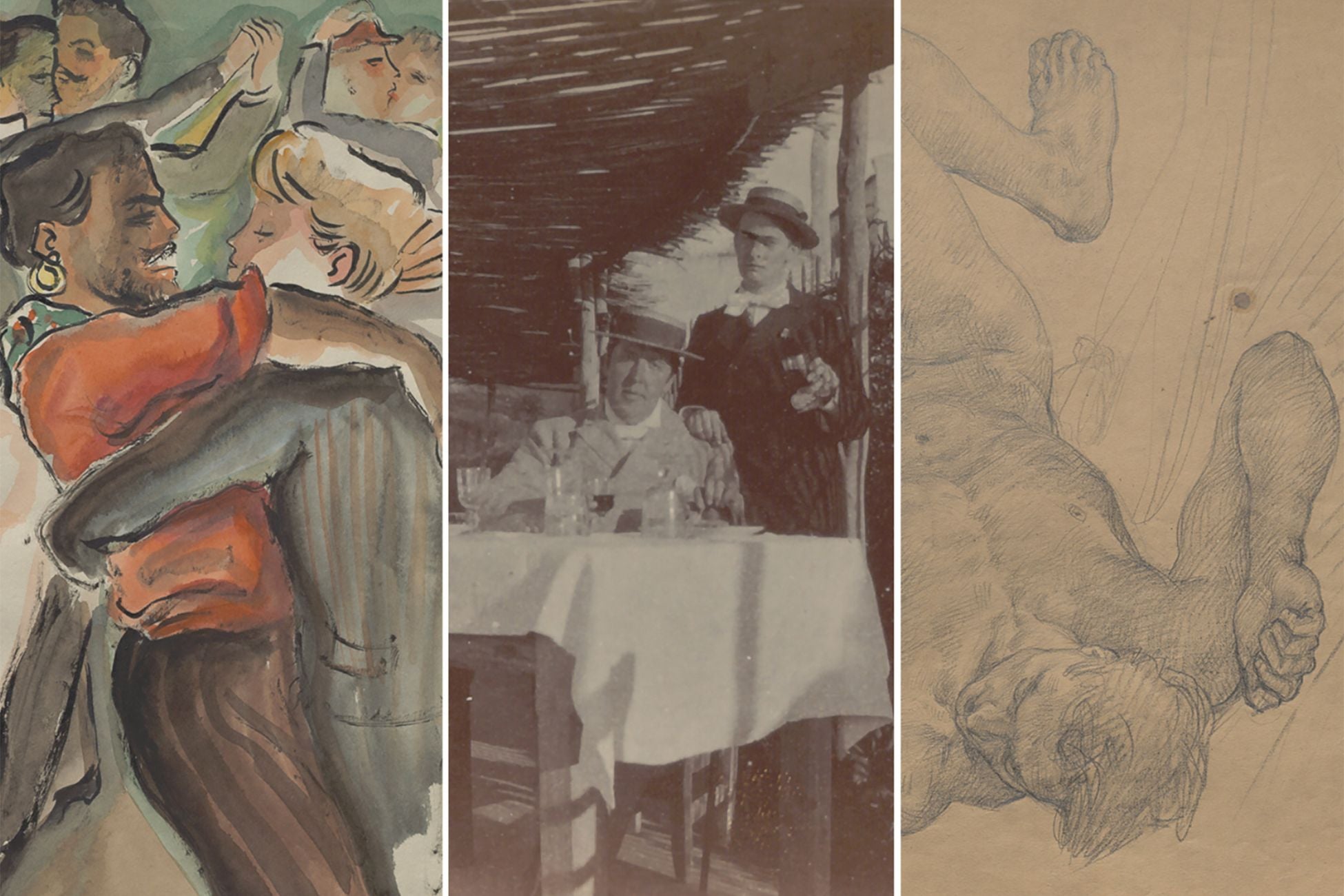Collage of three panels, from left: illustration of two people hugging; black-and-white photo of two men wearing hats; and sketch of a nude male