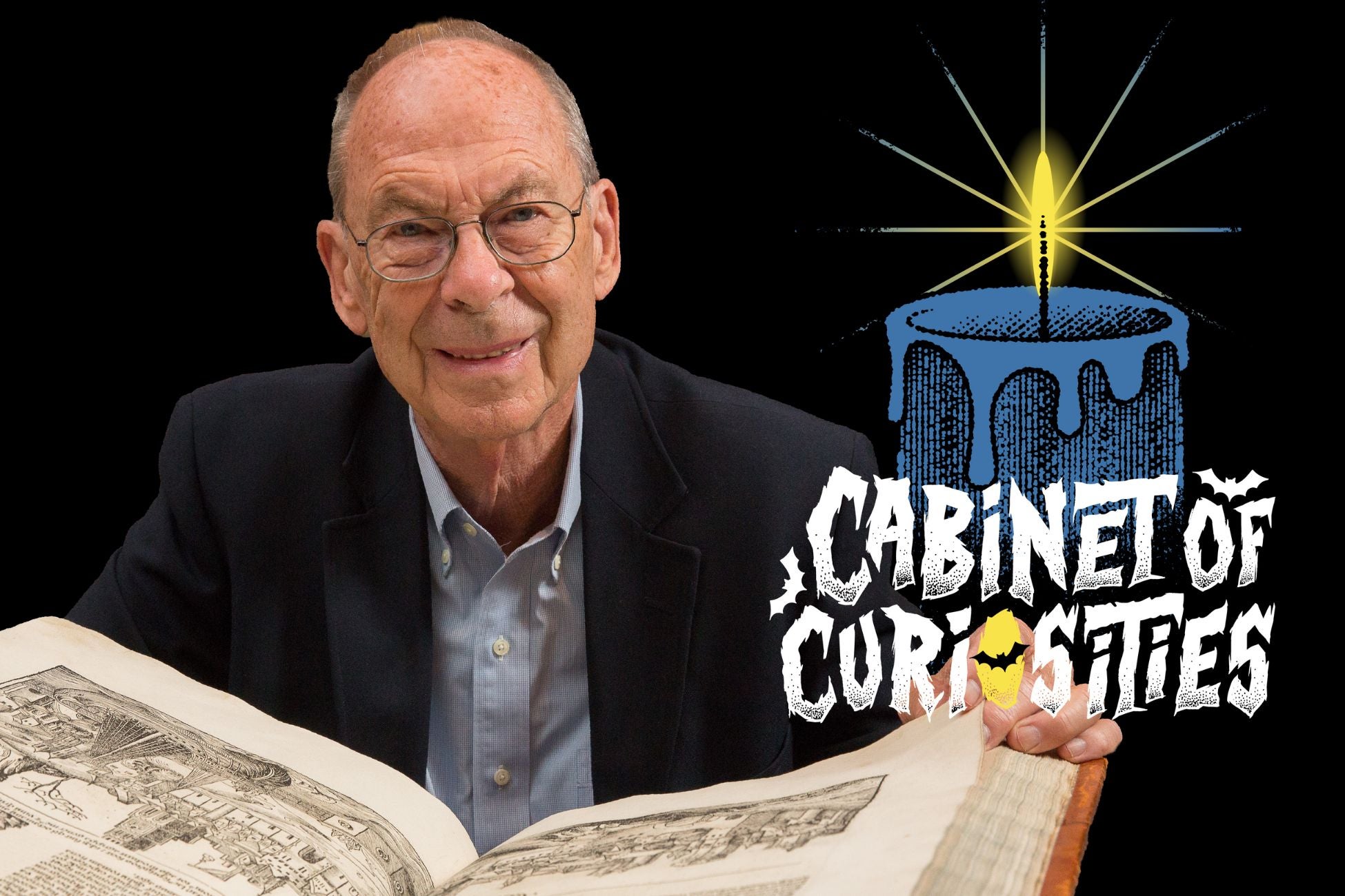 A man in a suit holding open a large book with a graphic next to him that says "Cabinet of Curiosities"