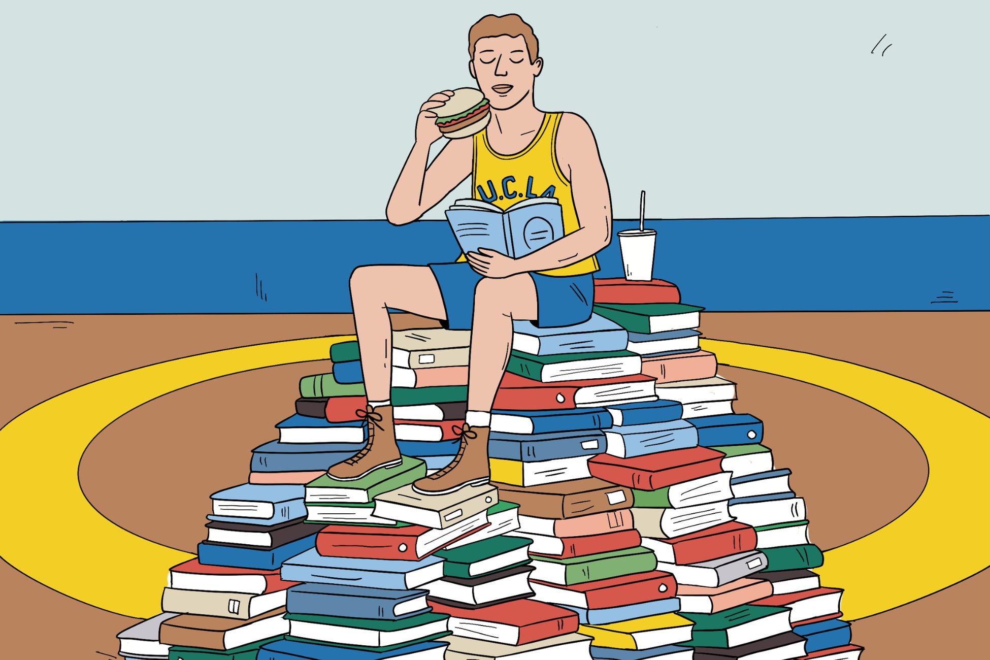 An illustration of young Meyer Luskin sitting on a pile of books, eating a signature Luskin Burger in the wrestling gym