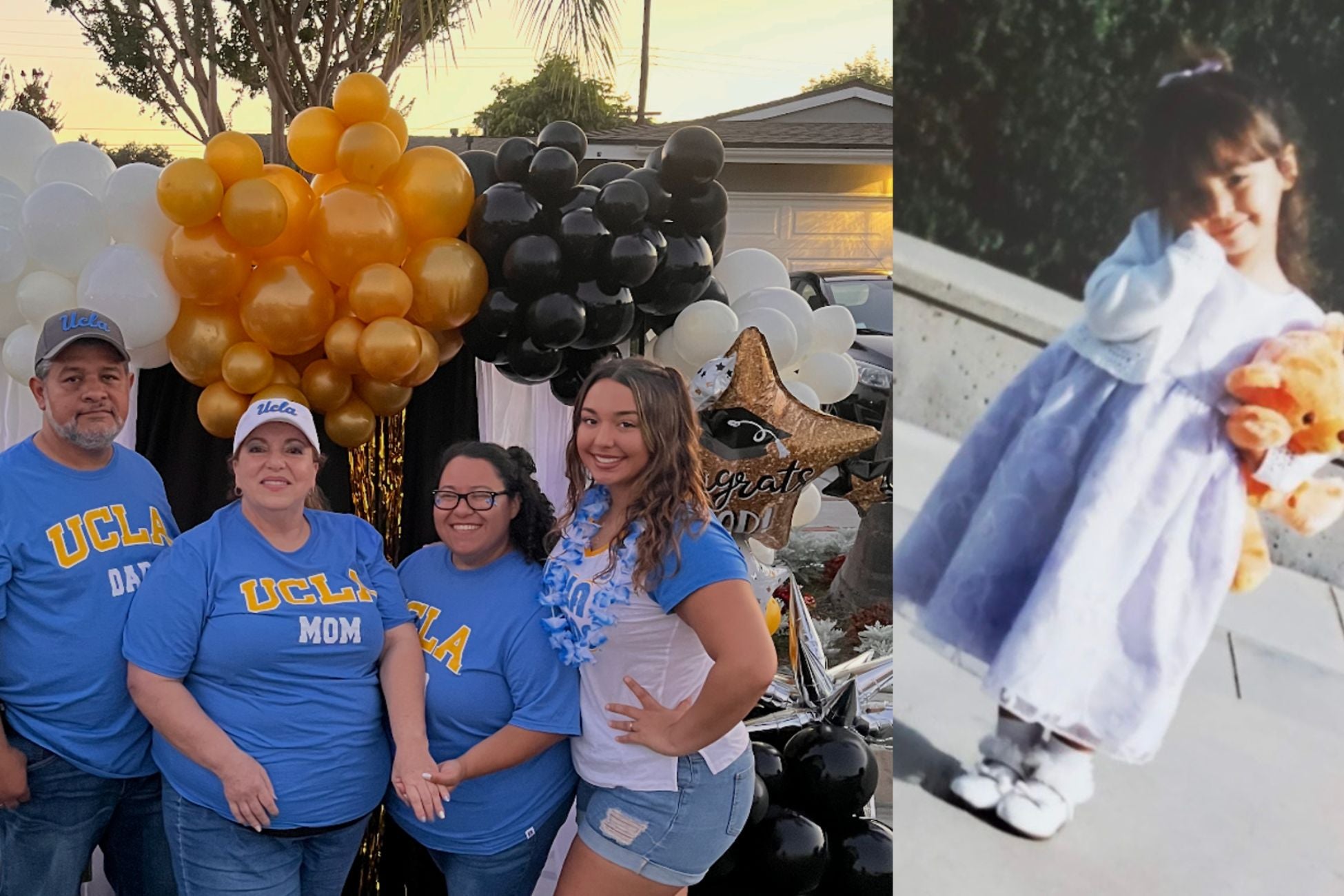 On the left, a family stands smiling in front of a UCLA-themed balloon display. On the right, a young girl holds a teddy bear