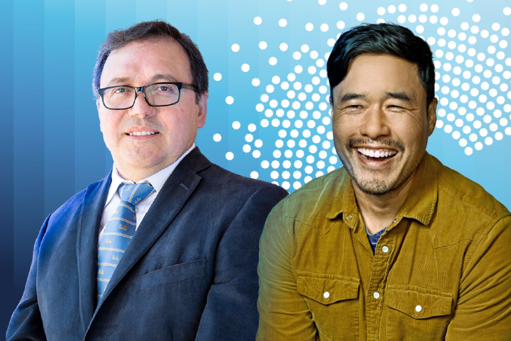 Miguel García-Garibay, left, and Randall Park against a blue graphic background; García-Garibary wears a suit and glasses, Park in a mustard shirt.