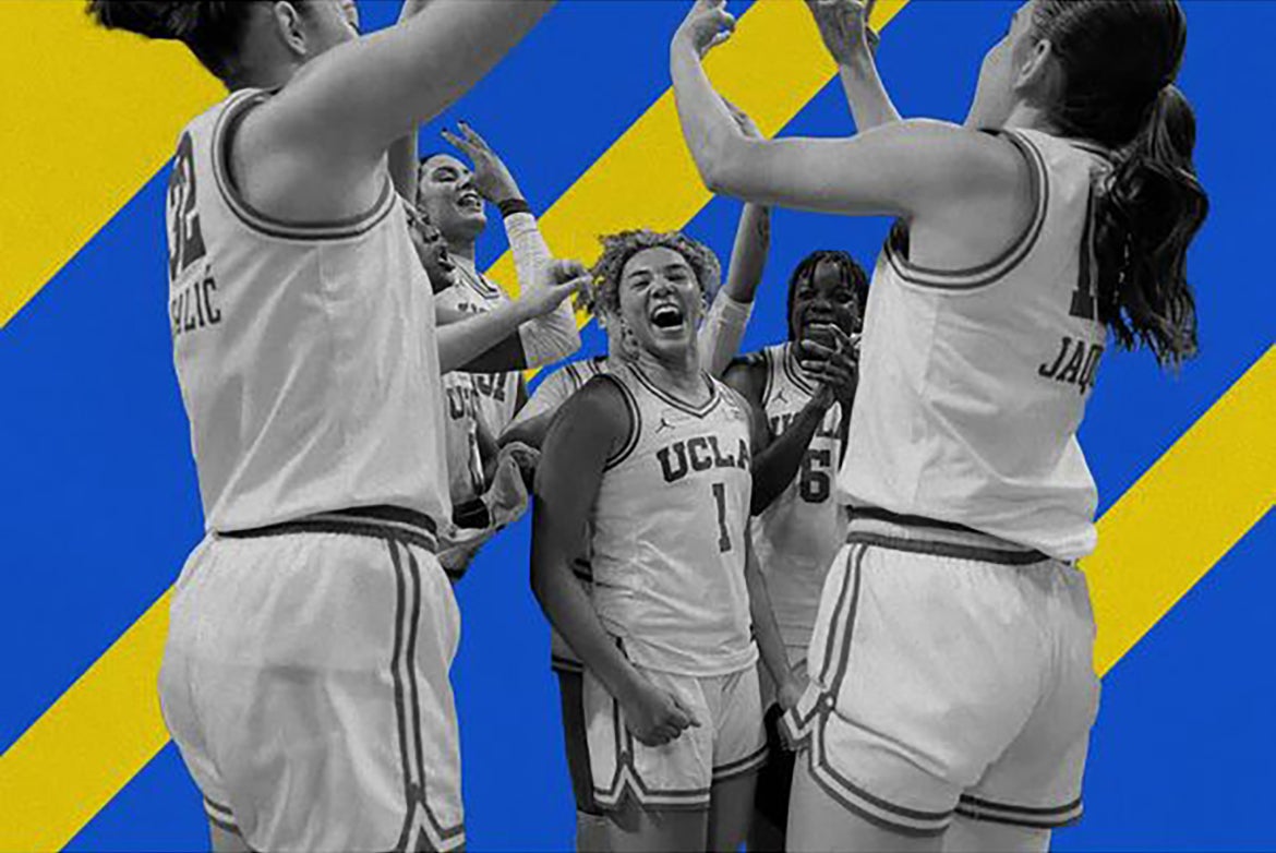 Black-and-white images of UCLA women's basketball team against blue and yellow background