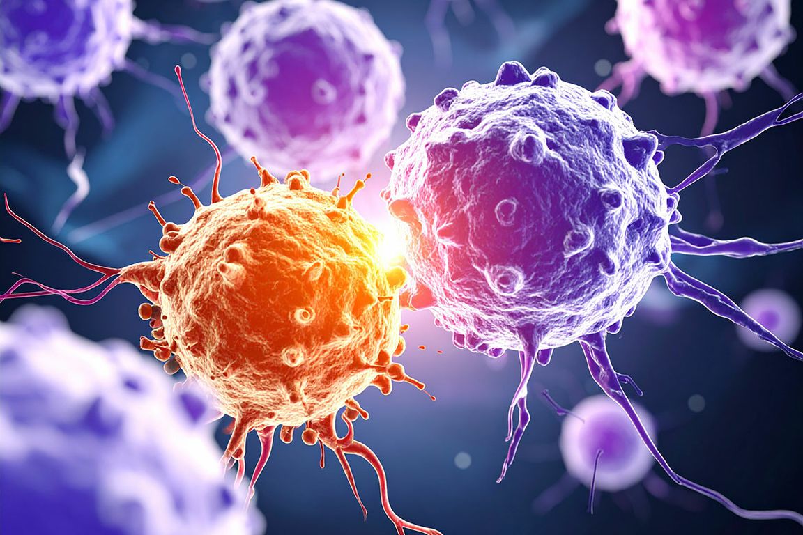 An illustration of T cells attacking cancer cells
