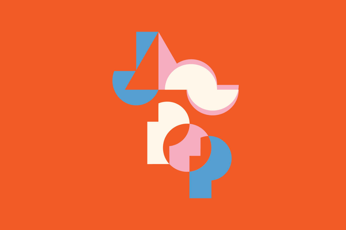 Abstract geometric illustration with blue, pink, and cream triangles, circles, and semicircles arranged in a stacked composition on an orange background.