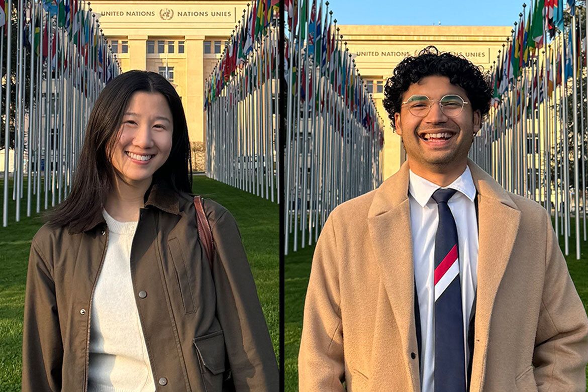 Side-by-side collage of UCLA law students Ellen Park (left) and Aniq Chunara in front of the U.N. Human Rights Council in Geneva