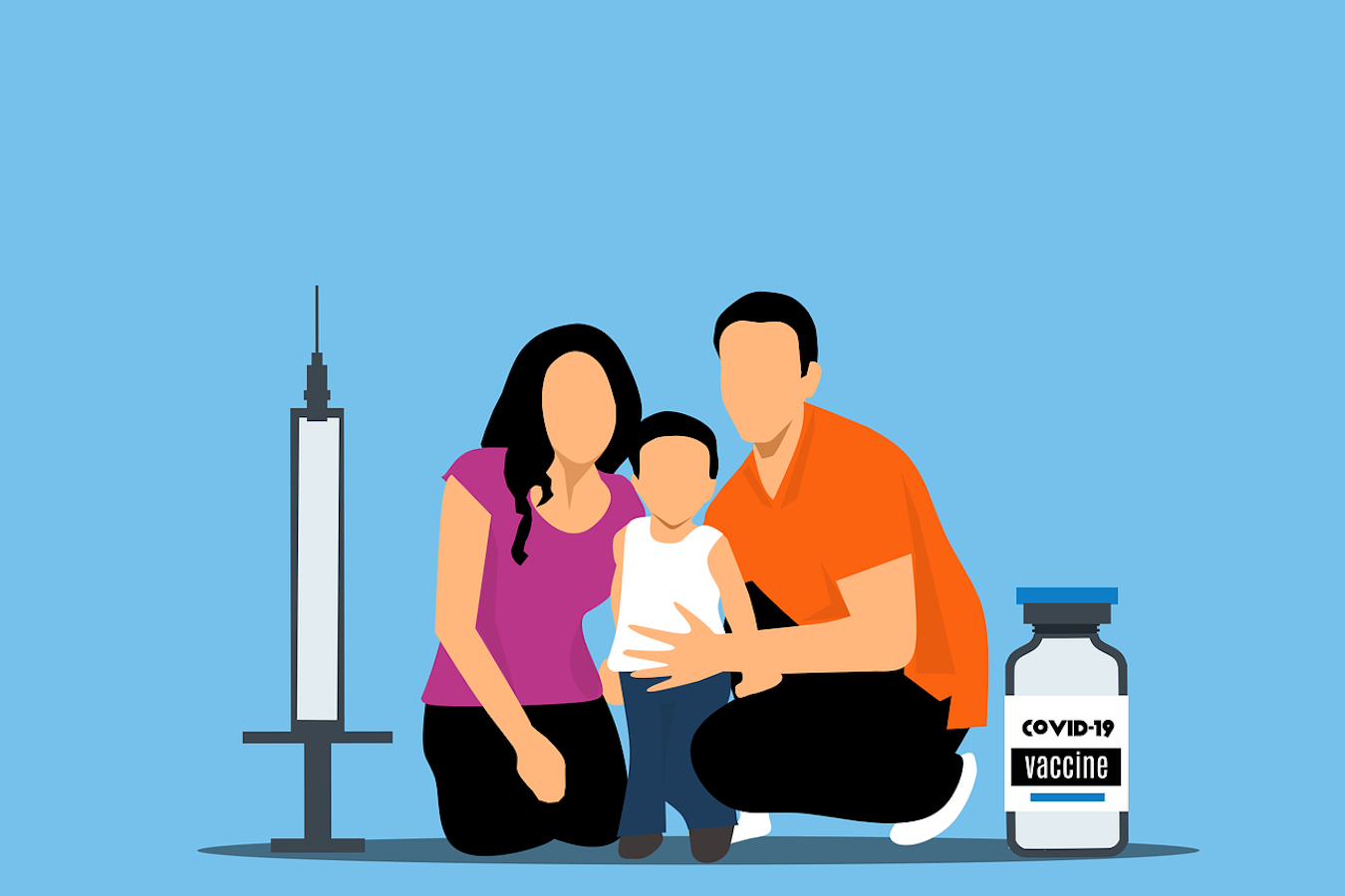 Artist’s graphic of child, parents, COVID-19 vaccine bottle and syringe