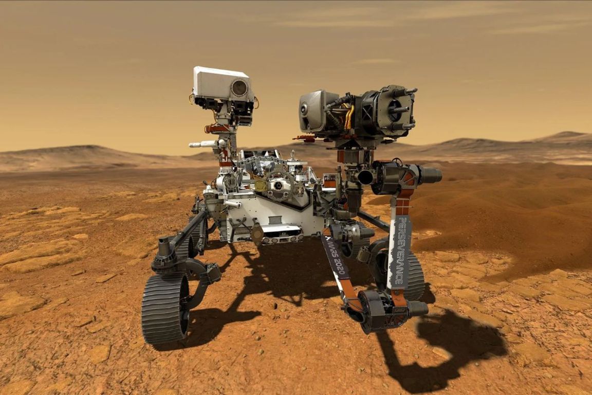 Illustration of NASA’s Perseverance Rover on Mars' red surface