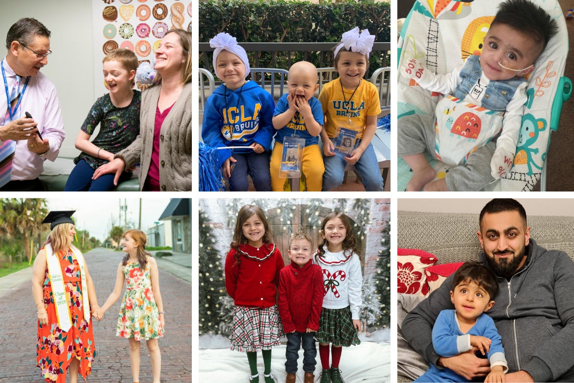 A collage of nine patients, born with a life-threatening immune disorder, and their families