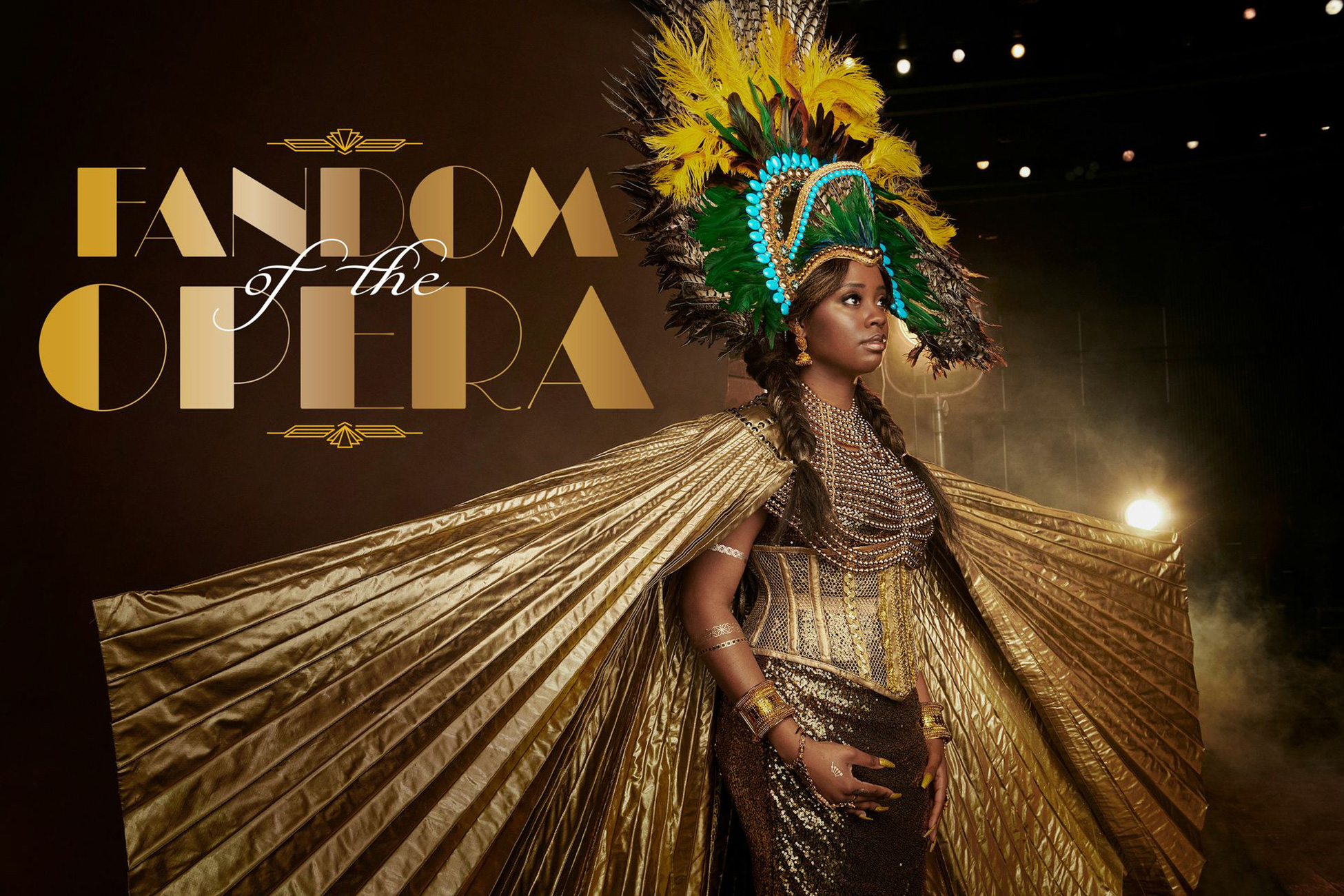 Still, edited image of a woman dressed in a gold costume with a grand feather head piece.