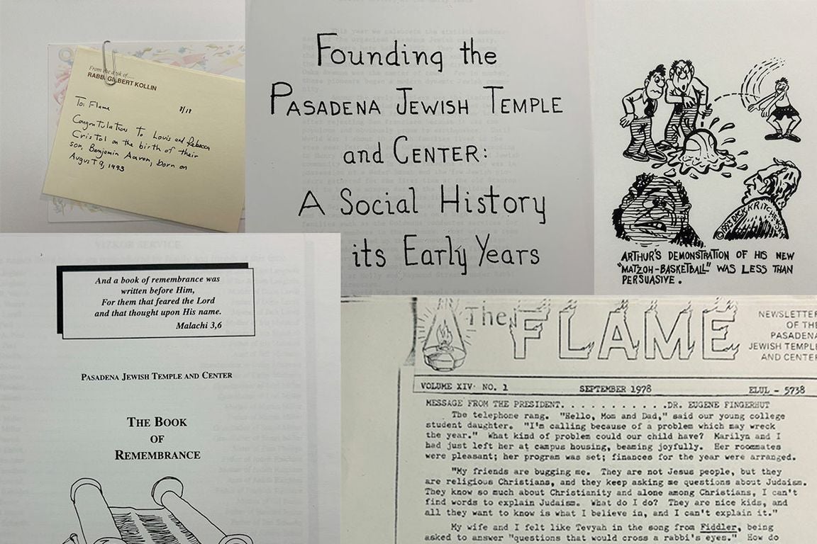 A collection of materials including a newsletter page and congratulations card from the Pasadena Jewish Temple and Center