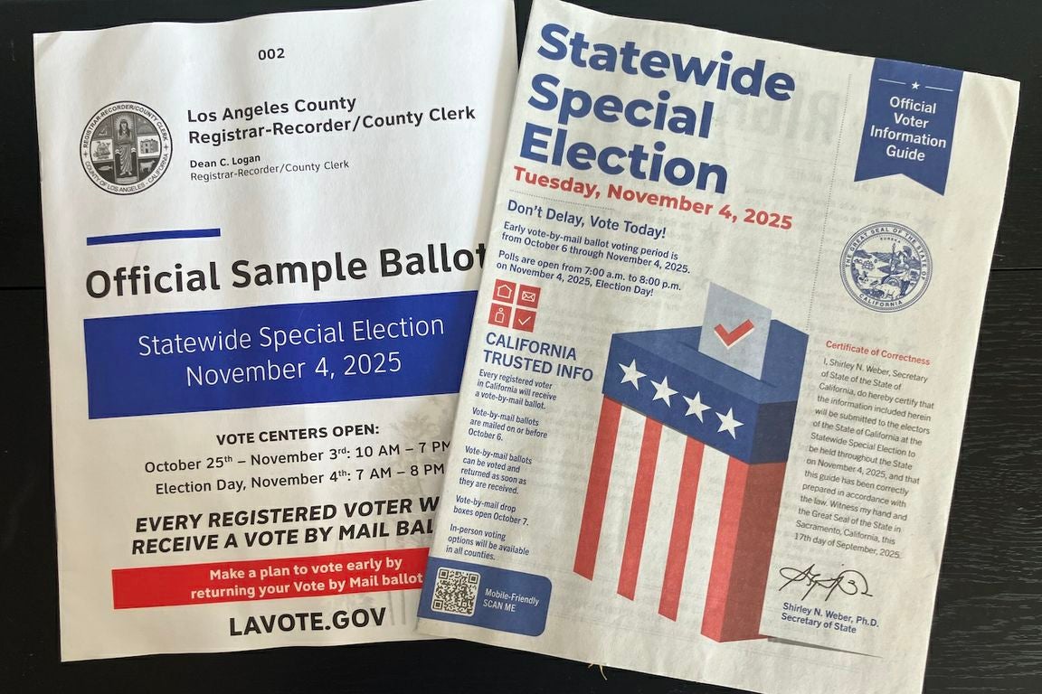 Cover of Los Angeles County's official sample ballot for Nov. 4 statewide special election next to cover of official voter information guide