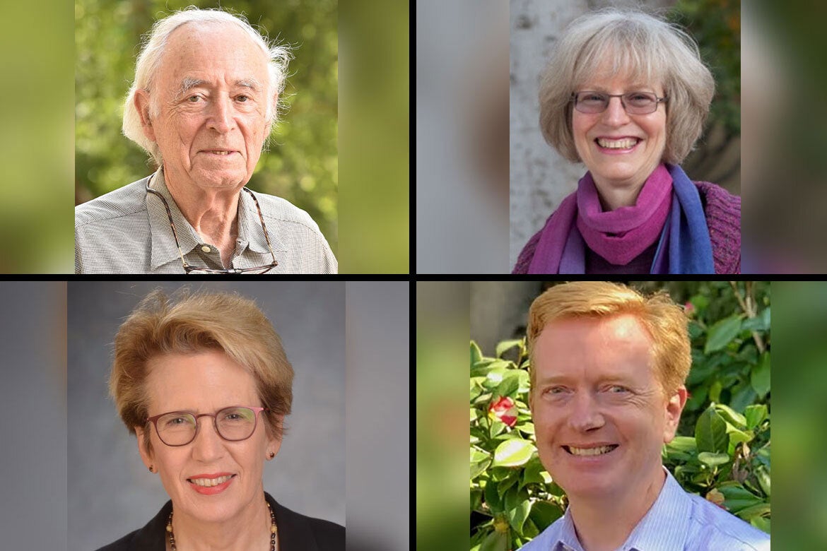 Collage, clockwise from left, with close-up photos of Alan Grinnell, Marjorie Harness Goodwin, Jeffrey Lewis and Christine Borgman