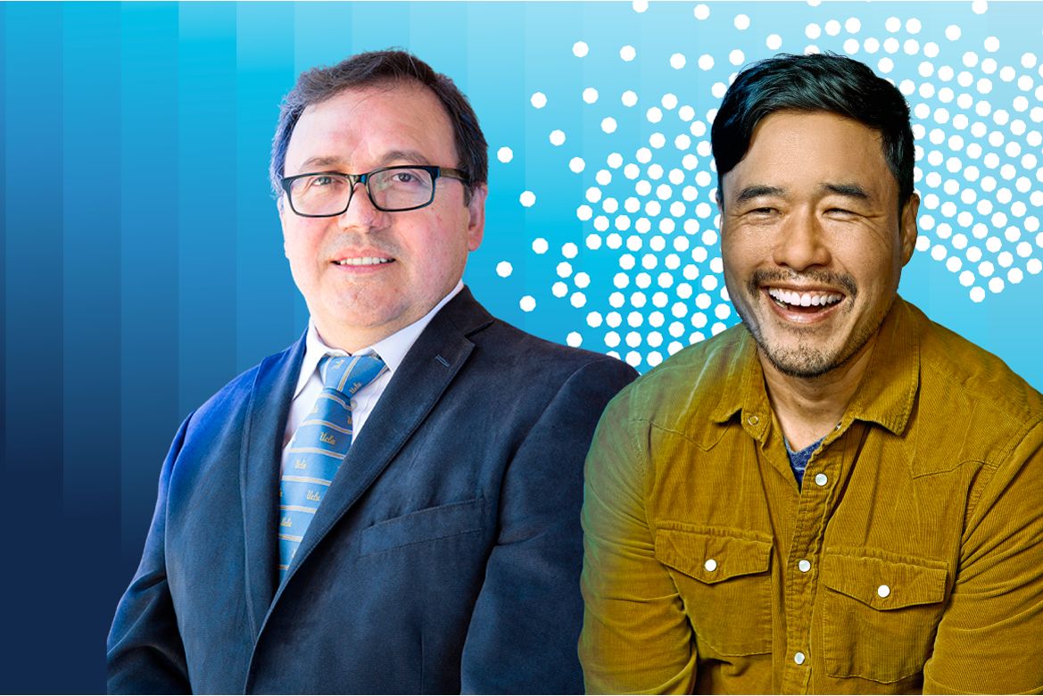 Miguel García-Garibay, left, and Randall Park against a blue graphic background; García-Garibary wears a suit and glasses, Park in a mustard shirt.