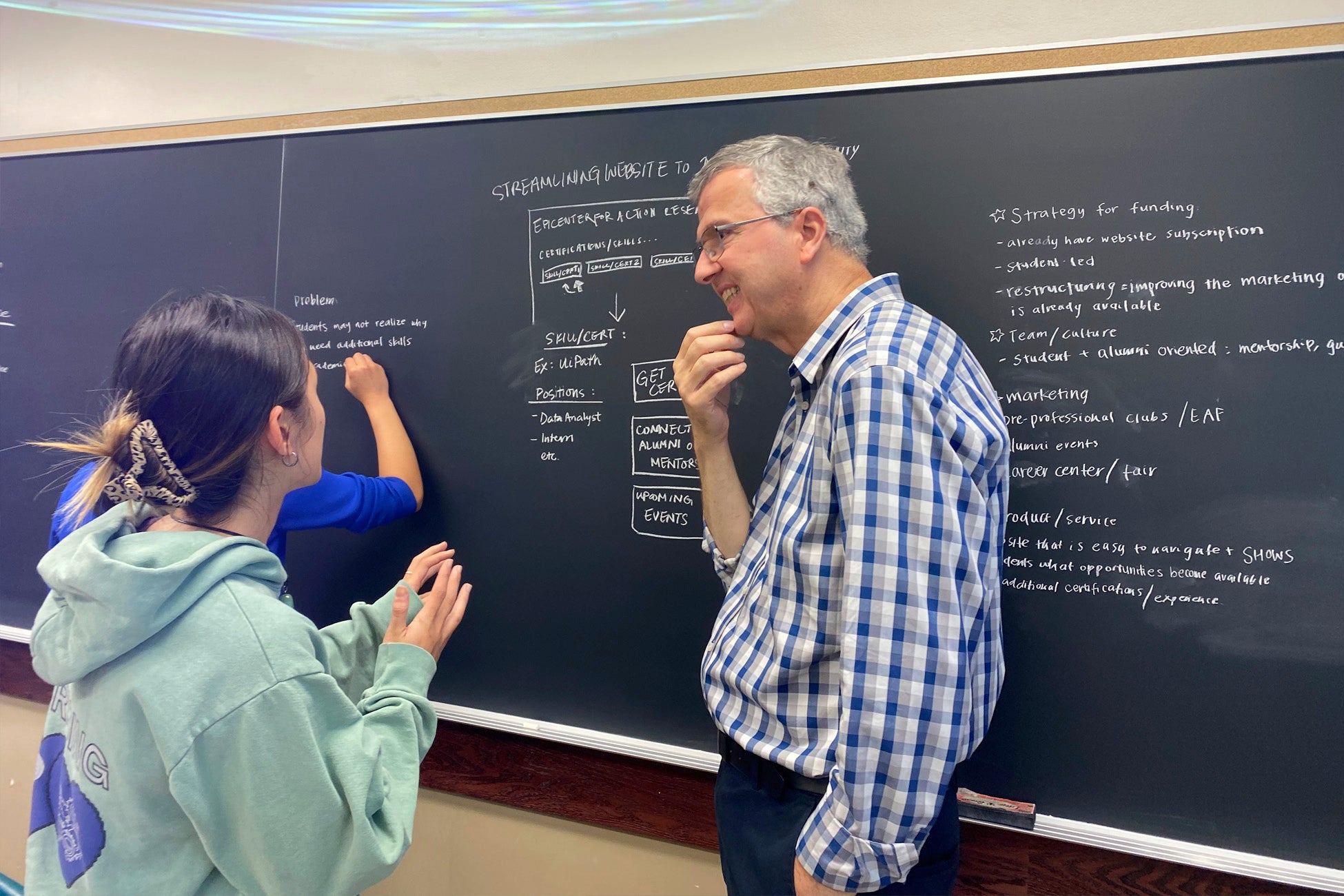 Two people engage in a discussion in front of a large chalkboard filled with handwritten notes and diagrams about streamlining a website for student and alumni use. One person writes on the board while the other listens and smiles, suggesting a collaborative and thoughtful exchange.