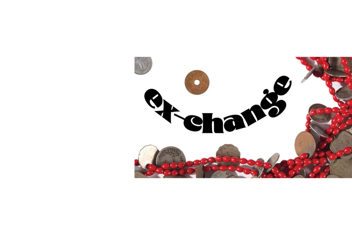 Curved word 'exchange' surrounded by red beads and assorted coins on a white background