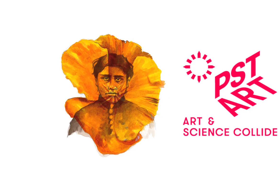A stylized painting shows a person’s face centered within a large orange flower, with warm tones of yellow, amber, and deep orange blending across the petals and the figure’s clothing. The portrait has a symmetrical, contemplative expression, with the flower framing the head like a radiant halo. To the right, bright pink text reads “PST ART” above the phrase “Art & Science Collide,” accompanied by a small sun-like icon.