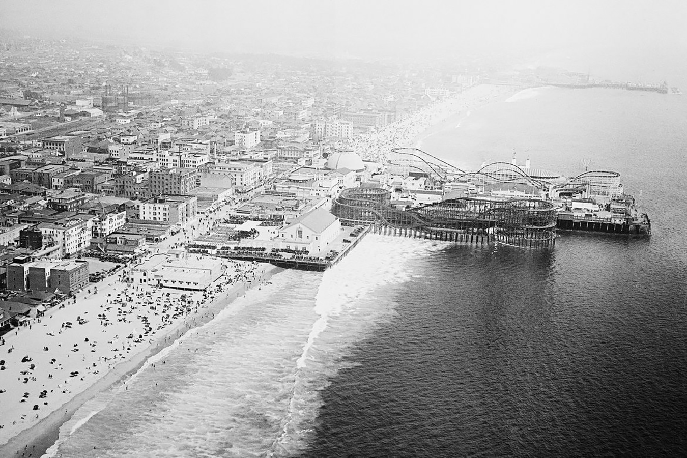 Black and white aerial photo of the Santa Monica Pier