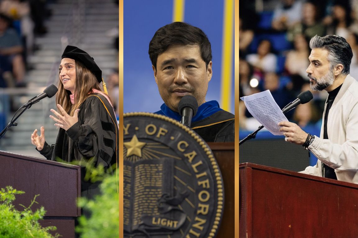 Thrice split image showing Sara Bareilles, Randall Park and Jaime Camil each standing behind UCLA seal and wooden podium during commencement addresses.