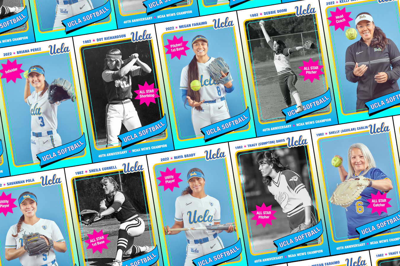 Collage of baseball cards featuring players from UCLA’s 1982 softball team