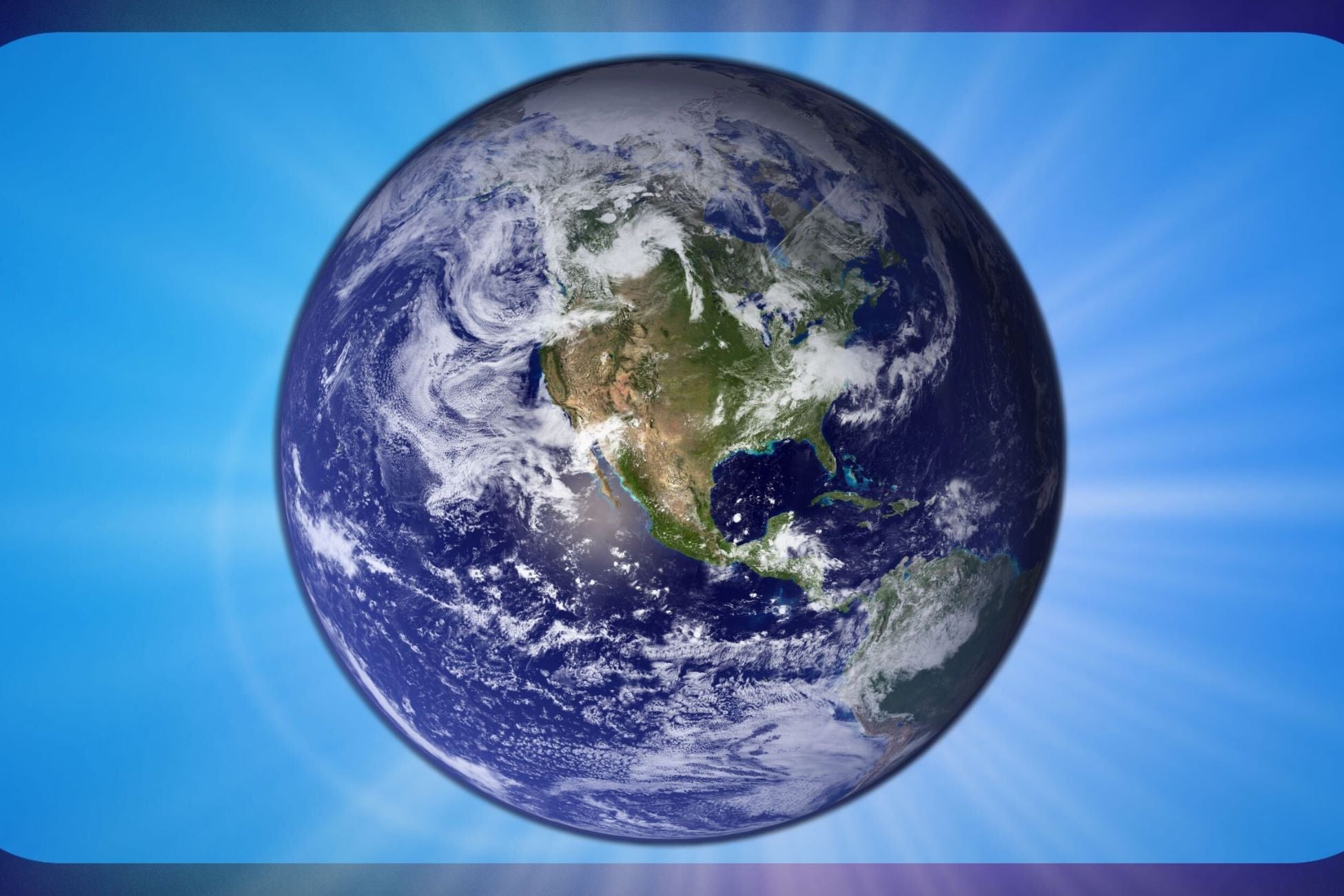 A view of Earth from space including clouds and blue oceans, with a glowing blue background.