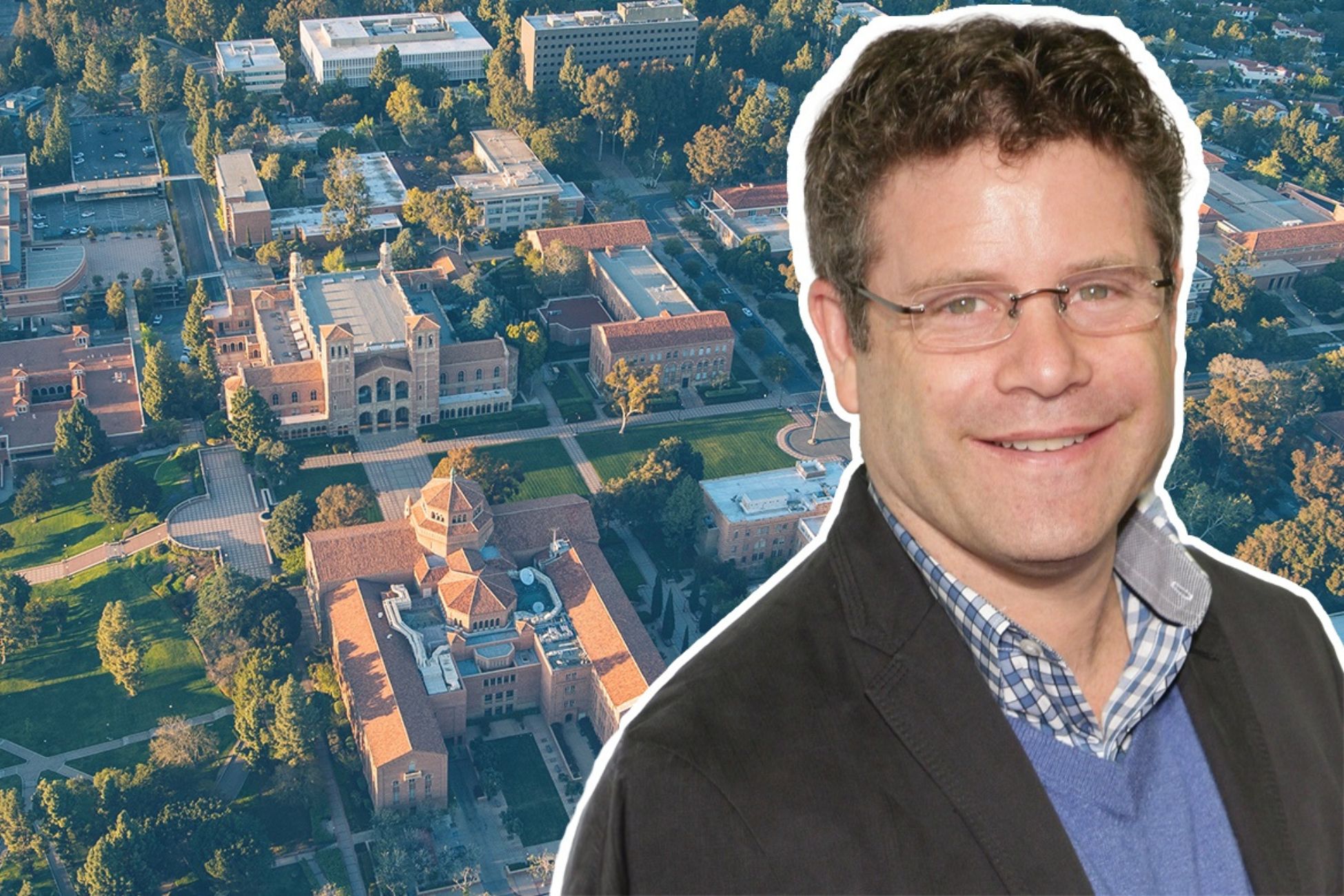 A collaged image of Sean Astin overlayed on a birds-eye view photograph of UCLA&#039;s campus