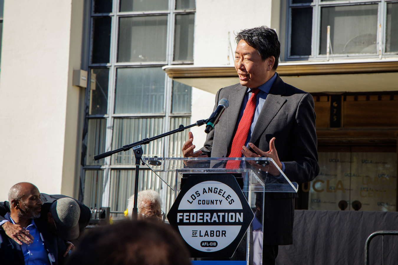 Kent Wong, director of the UCLA Labor Center, speaks during the ceremony where the Labor Center building was named in honor of civil and worker rights icon Rev. James Lawson Jr., December 2021.