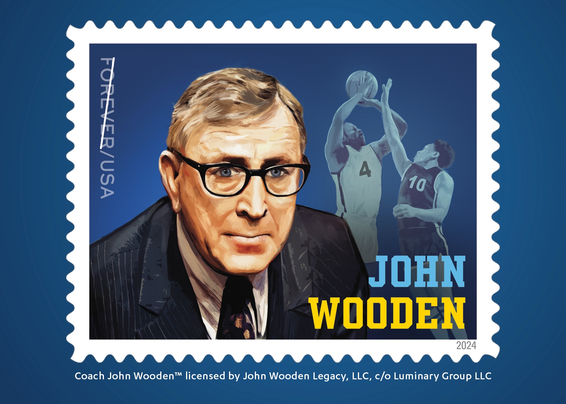 Image of US Postal Stamp with John Wooden&#039;s face and two basketball players in the back.