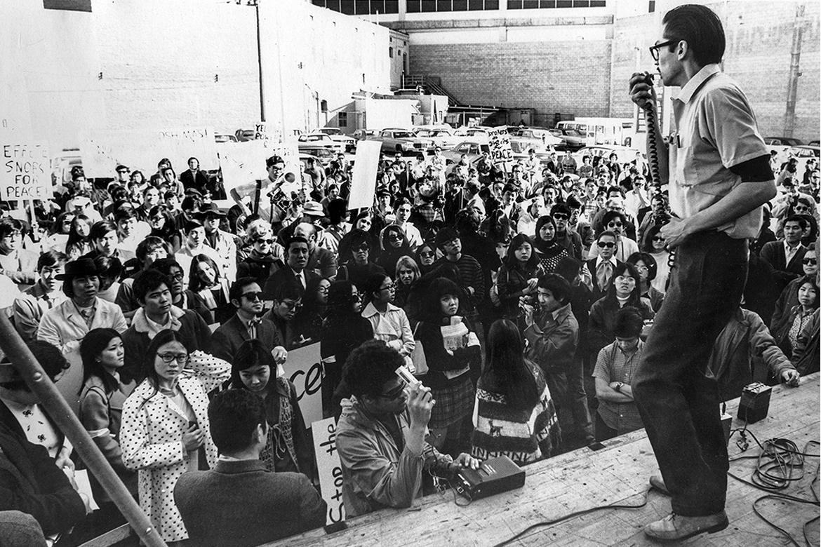 Yuji Ichioka speaking at an Asian Americans for Peace march and rally in Los Angeles on Jan. 17, 1970.