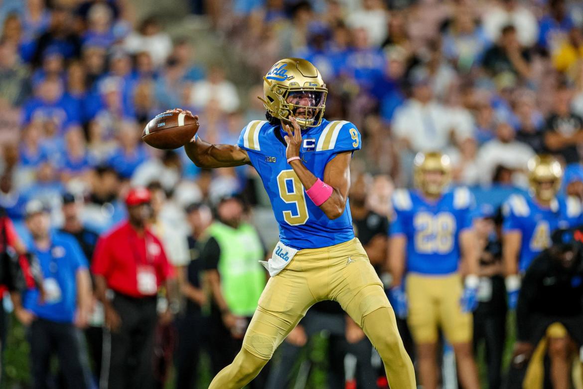 UCLA Quarterback Nico Iamaleava gears up to throw ball during game 