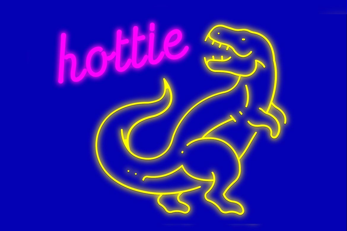 Neon-style illustration of a yellow outlined dinosaur with a long tail, beside the pink glowing word “hottie” on a blue background.