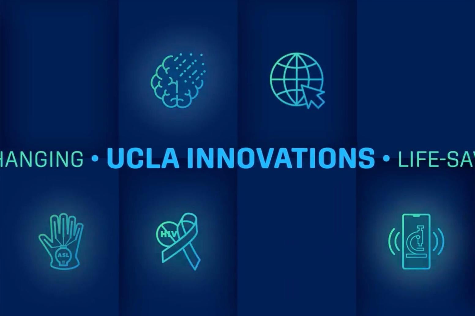 Graphic of science-related icons and "UCLA Innovations" against dark blue background
